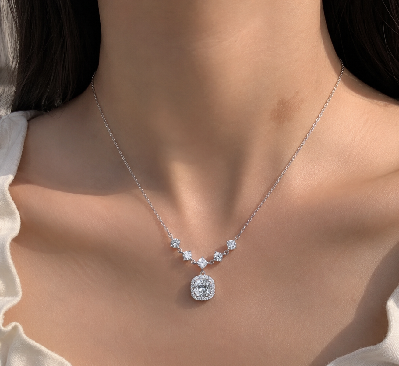 Crystal Halo Drop Necklace- White Diamond